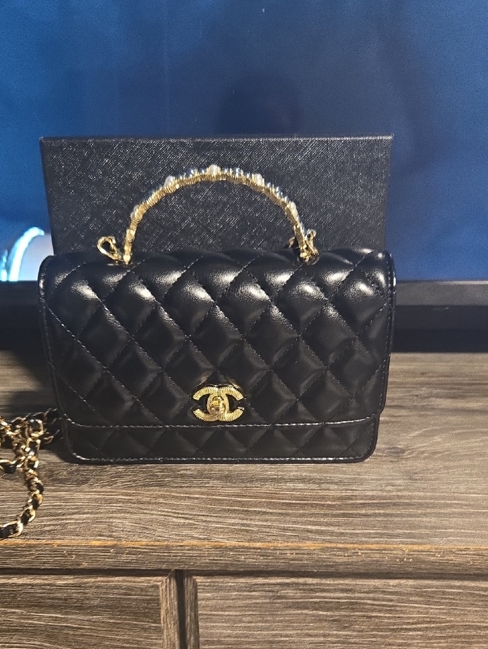 Black Quilted Leather Shoulder Bag with Gold Hardware